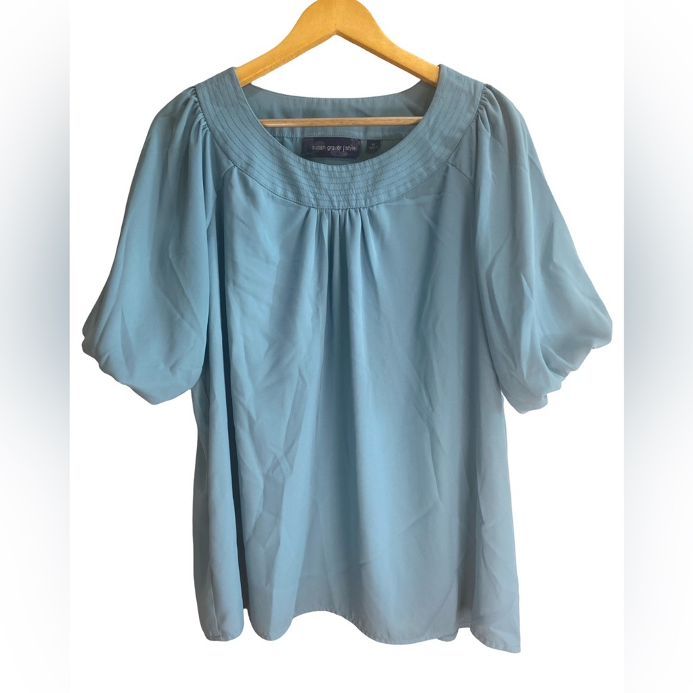 Susan Graver Pale Turquoise Flowy Blouse XL Balloon Sleeve‎ Relaxed Fit Chic